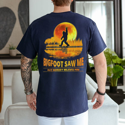 Teesdily | Bigfoot Moon Art Shirt, Bigfoot Saw Me But Nobody Believes Him Tee Sweatshirt Hoodie Mug, Funny Shirt, Bigfoot Believers Gifts