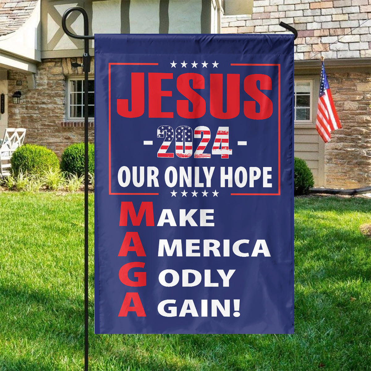 Teesdily | American Flag Jesus Christ House Flag, Jesus 2024 Our Only Hope Make America Godly Again Garden Flag, Patriotic Flag, Outdoor Decor Gifts