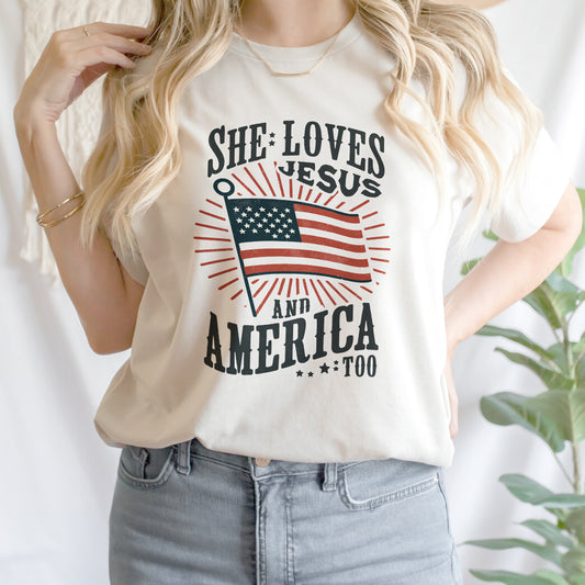 Teesdily | American Flag Tshirt, She Loves Jesus And America Too, Indepdence Day Sweatshirt Hoodie, Christian Gifts Mug