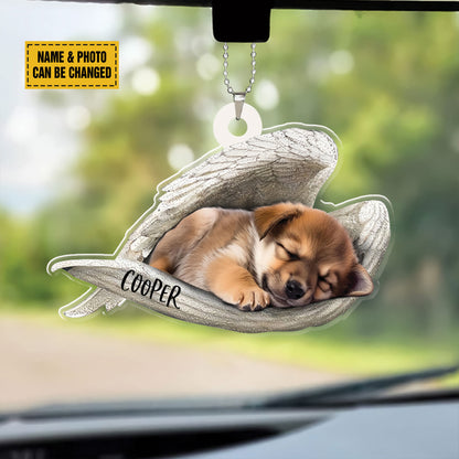 Teesdily | Personalized Photo Pet Loss Memorial Ornament Car Hanger, Sleeping Pet Within Angel Wings Plastic Ornament, Loss Pet Gifts, Dog Lovers Gift