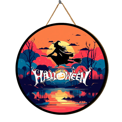 Teesdily | Witch Magical Halloween Sunrise Wood Sign Halloween Trick Or Treat Home Decoration Witch Lovers Gift Porch Decor