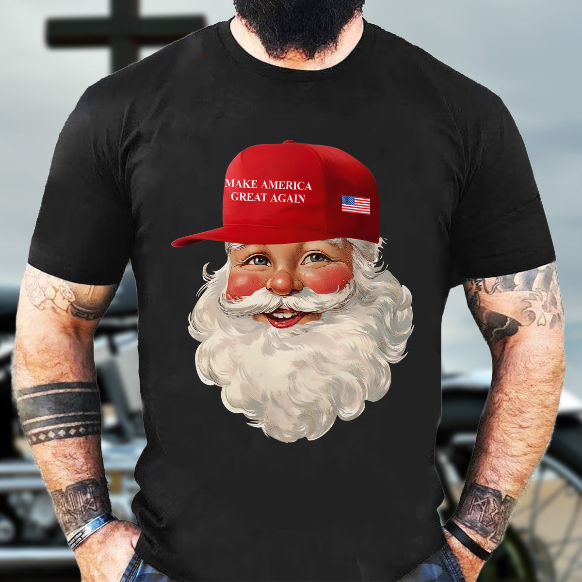 Teesdily | Santa Make Christmas Great Again Shirt, Funny Santa Christmas Sweatshirt, American Flag Santa Hoodie Mug, Xmas Gift