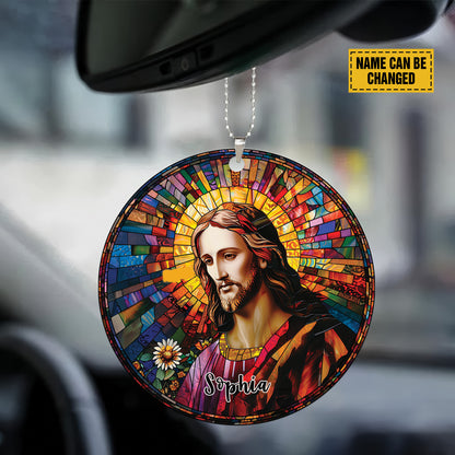 Teesdily | Jesus Portrait Stained Glass Print Ornament, Jesus Christ Sunflower Car Hanger Ornament, Jesus God Colorful Rear View Mirror Accessories