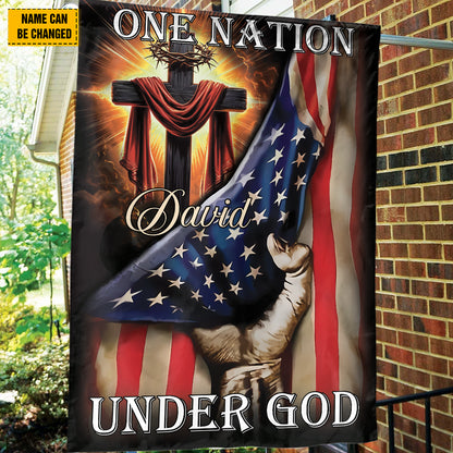 Teesdily | Personalized Jesus Cross American Flag, One Nation Under God Garden Flag, Christian American House Flag, 4th Of July Pastor Gifts