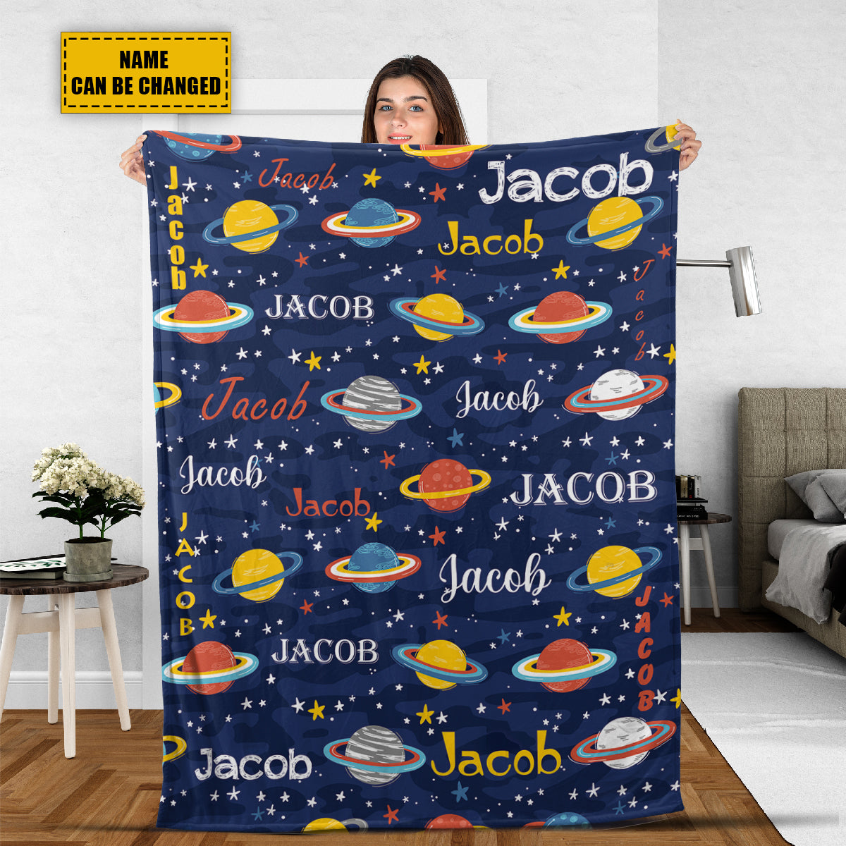 Teesdily | Custom Baby Blankets With Name Personalized Planets Blanket Kids Fleece Throw Blanket For Boys Baby Nursery Birthday Gift Bedroom Decor