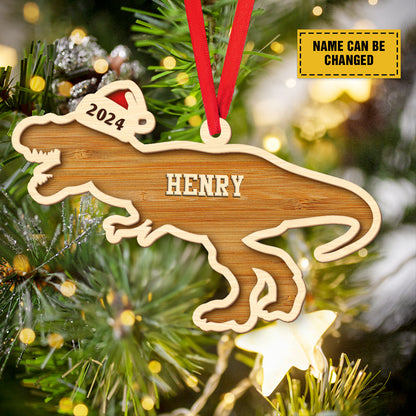 Teesdily | Customized Dinosaur Santa Christmas 2 Layered Wooden Ornament, Christmas T-rex Hat Ornament Decor, Christmas Gift Kid