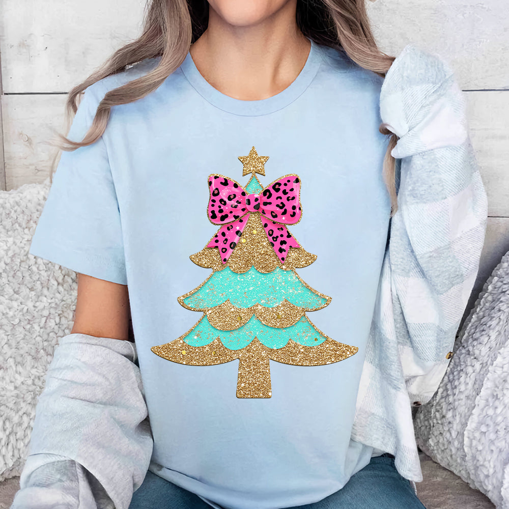 Teesdily | Christmas Tree Bow Shirt, Christmas Coquette Bow Glitter Leopard Sweatshirt, Christmas Hoodie Mug For Women