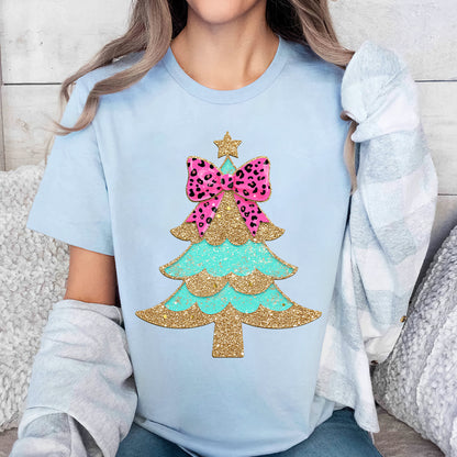 Teesdily | Christmas Tree Bow Shirt, Christmas Coquette Bow Glitter Leopard Sweatshirt, Christmas Hoodie Mug For Women