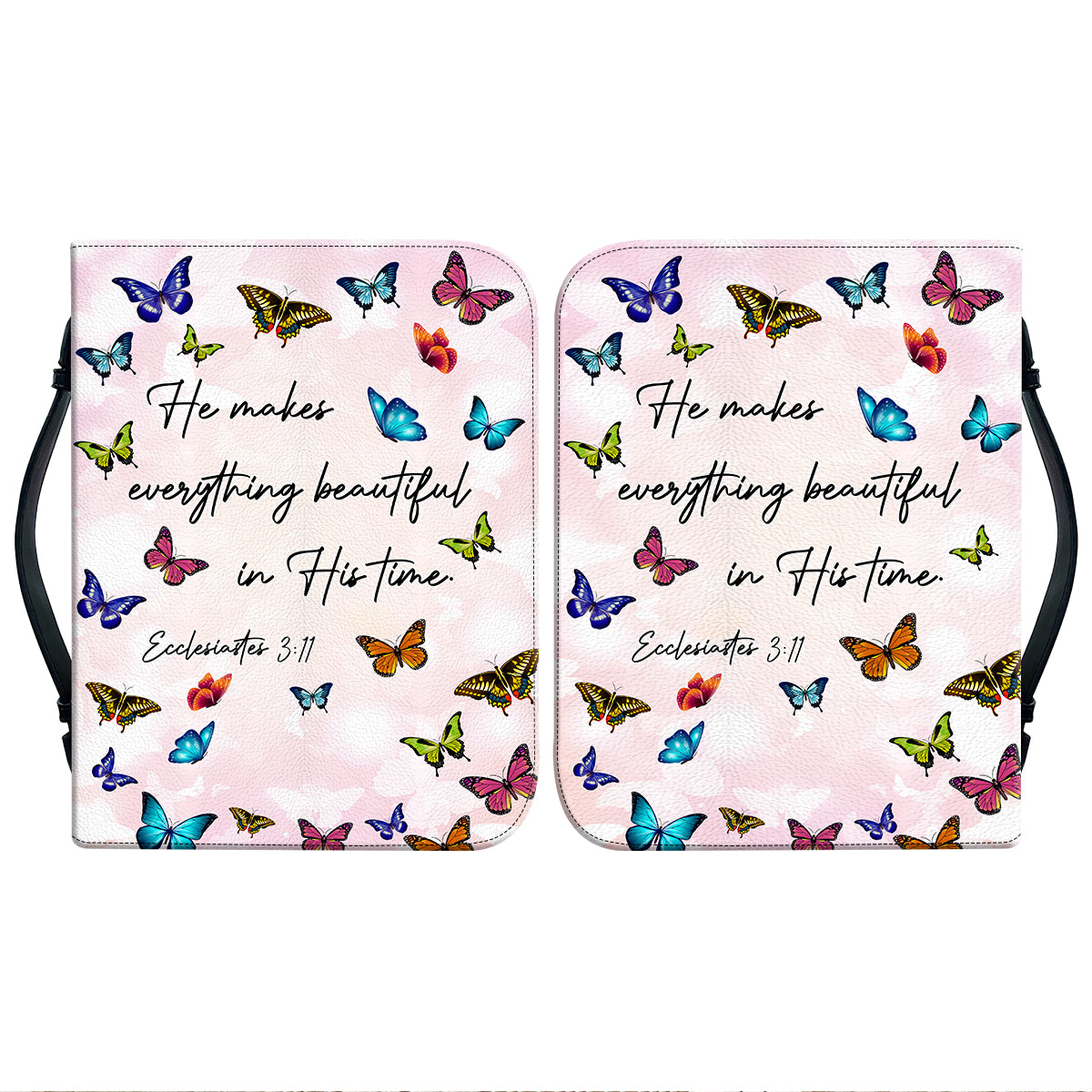 Teesdily | God Bible Verse Butterfly Leather Bible Cover He Makes Everything Beautiful In His Time Bible Book Cover Christian Gifts For Women Faith