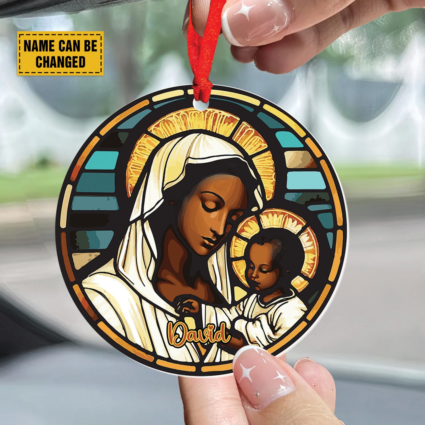 Teesdily | Customized Virgin Mary And Baby Jesus Acrylic Ornament, Merry Christmas Ceramic Car Hanging Ornament, Christmas Custom Gift