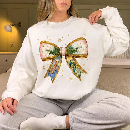 Teesdily | Jesus Christmas Coquette Bow Shirt, Christian Christmas Nativity Scene Sweatshirt, Bow Glitter Holy Family Hoodie Mug