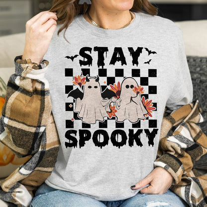 Teesdily | Cute Ghost Halloween Shirt, Stay Spooky Happy Halloween Tee Sweatshirt Hoodie Mug, Halloween Gifts, Spooky Retro Ghost Tee