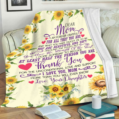 Teesdily | Happy Mother's Day Bed Blanket, Dear Mom Throw Blanket, Sunflower Letter From Daughter Comfort Blanket Mom Gift