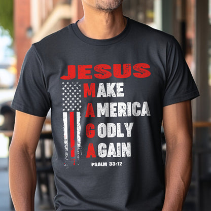 Teesdily | Jesus American Flag Shirt, Jesus Make America Godly Again Tee Sweatshirt Hoodie Mug, Jesus Lovers Tee Gifts, Patriotic Shirt