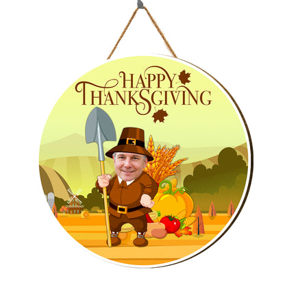 Teesdily | Pilgrim With Spade Customized Face Home Sign, Happy Thanksgiving Wood Sign, Funny Cosplay Harvest Season Sign, Harvest Day Gifts