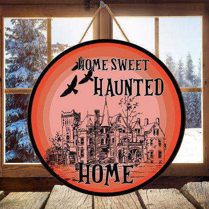 Teesdily | Residential Buildings Home Sweet Haunted Home Halloween Wood Sign Home Decoration Happy Halloween's Day Family Door Sign