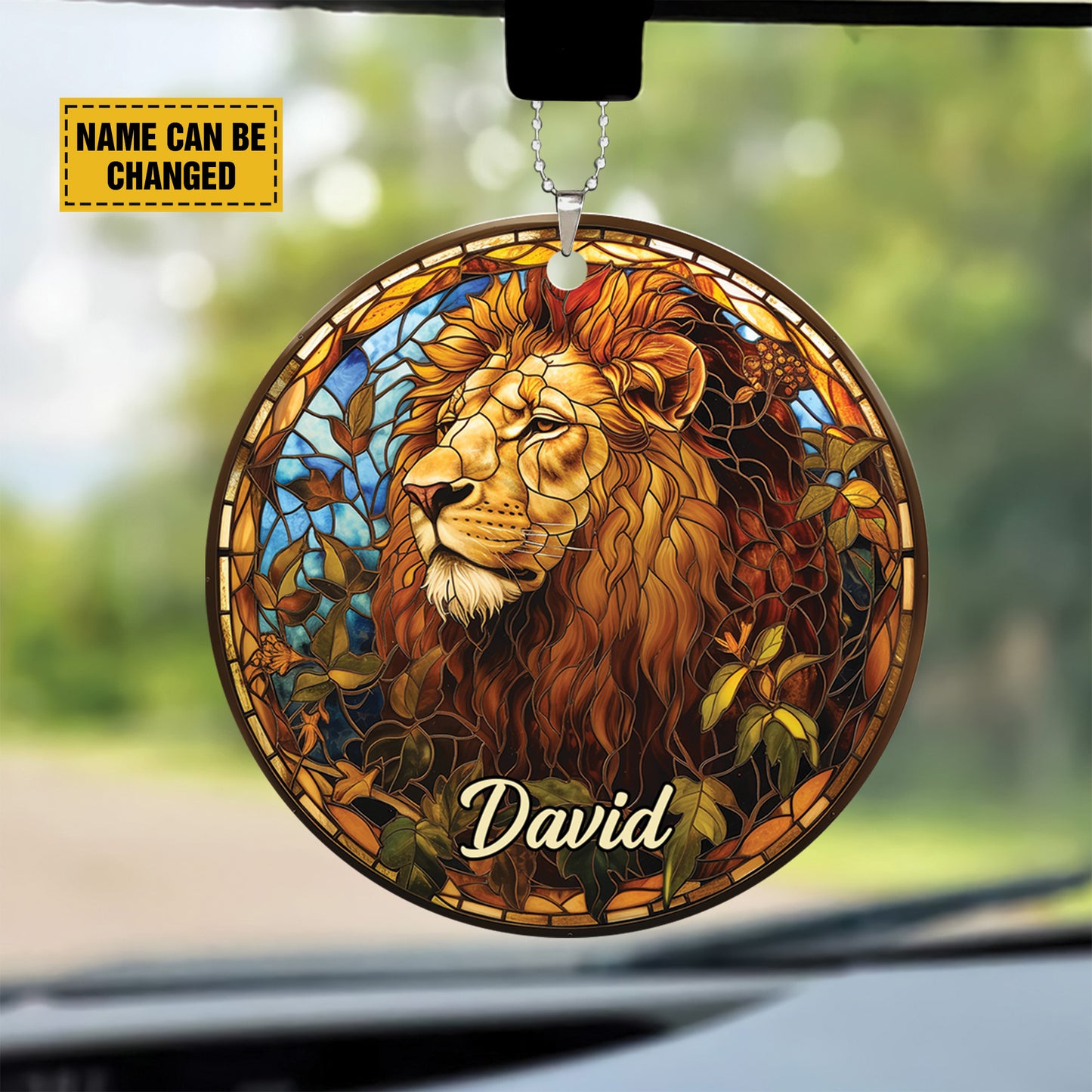 Teesdily | Customized Jesus Lion Ornament Car Hanger, The Lion Of Judah Car Rear View Mirror, Church Religious Acrylic Ornament, Jesus Lover Gift