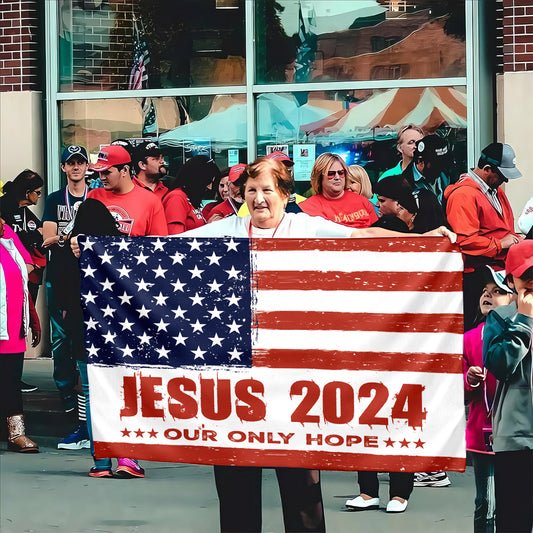 Teesdily | Jesus American Flag Outdoor Yard Flag, Jesus 2024 Our Only Hope Garden Flag, Christ Faith Flags For Room House Garden, Patriotic Gifts