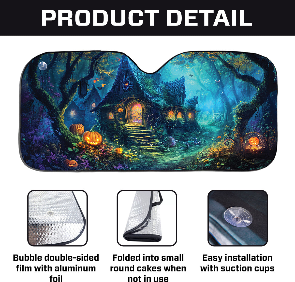 Teesdily | Halloween Hanted House Car Sunshade, Pumpkin Halloween Auto Sunshade, Witch House Garden Car Windshield Sunshade, Halloween Decoration