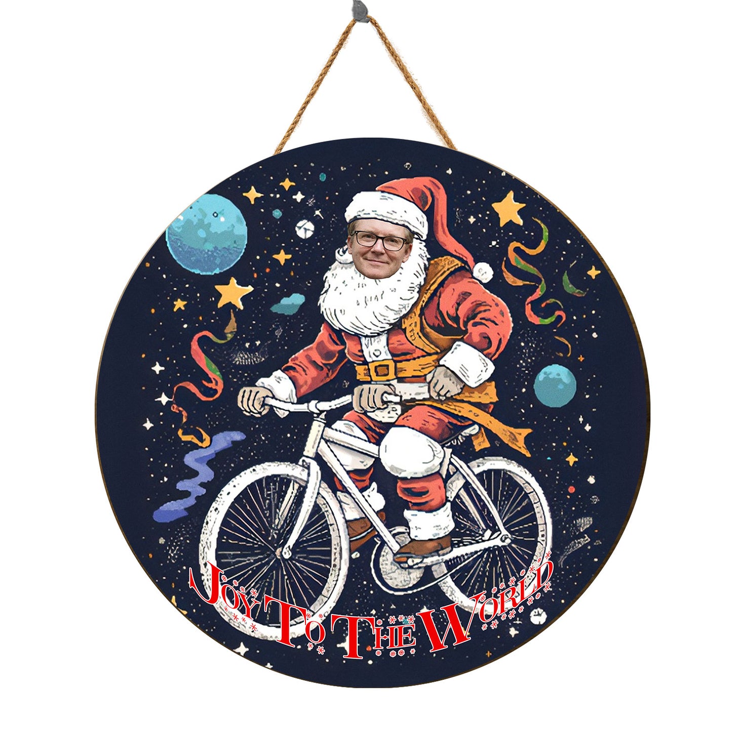 Teesdily | Customized Photo Santa Claus Cycling Wood Sign Joy To The World Christmas Front Door Sign Funny Custom Face Wood Sign Xmas Decor