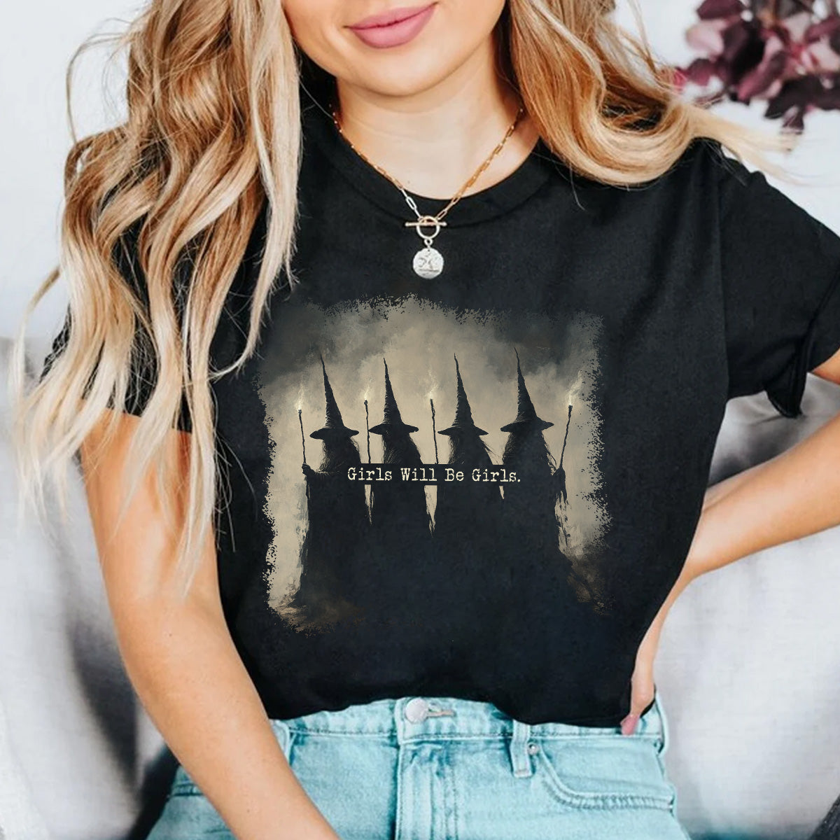 Teesdily | Vintage Girls Will Be Girls Witch Shirt, Halloween Witch T-shirt, Funny Witch Vintage Sweatshirt, Vintage Halloween Hoodie Women Gift