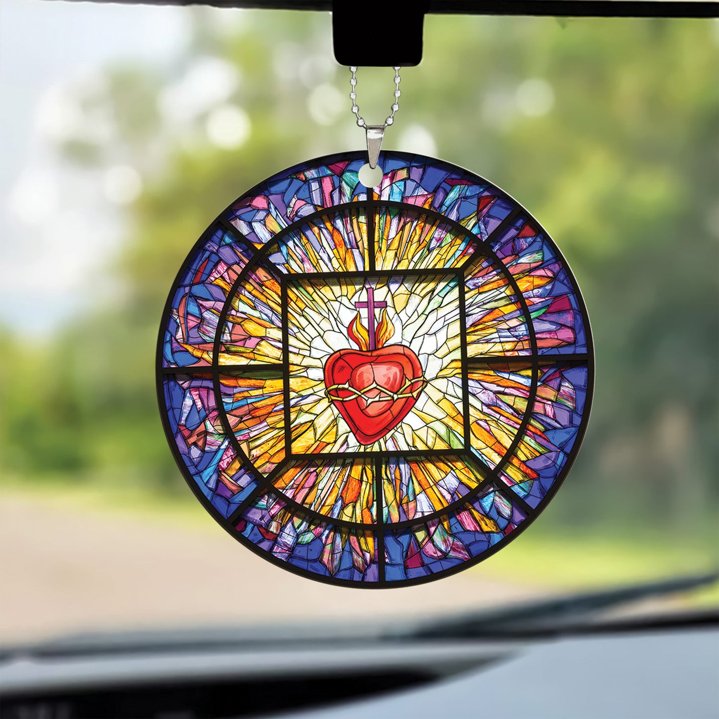 Teesdily | Jesus Sacred Heart Stained Glass Print Window Car Hanging Ornament Jesus Christ Acrylic Car Mirror Hanging Christmas Xmas Tree Decoration