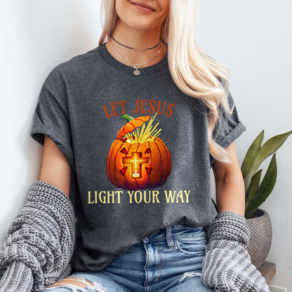 Teesdily | Jesus Pumpkin Cross Shirt, Let Jesus Light Your Way T-shirt, Jesus Light Pumpkin Sweatshirt Hoodie Mug, Happy Halloween Christian Gift