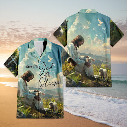 Teesdily | Jesus With Lambs Hawaiian Shirt, Give It To God And Go To Sleep Hawaii Set, Christian Art Bird Hawaii Outfit Summer, Beach Aloha Gift Men