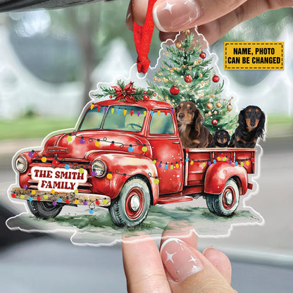 Teesdily | Customized Dachshund Red Truck Christmas Ornament, Dog In Car Hanging Ornament Christmas, Dog Mom, Dog Lover Gift Xmas