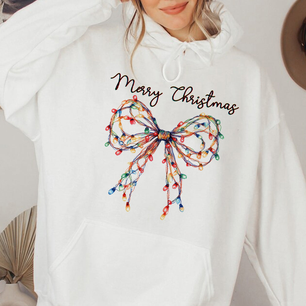 Teesdily | Merry Christmas Bow Light Shirt, Christmas Coquette Bow Sweatshirt, Merry And Bright Lights Bow Hoodie Mug For Women