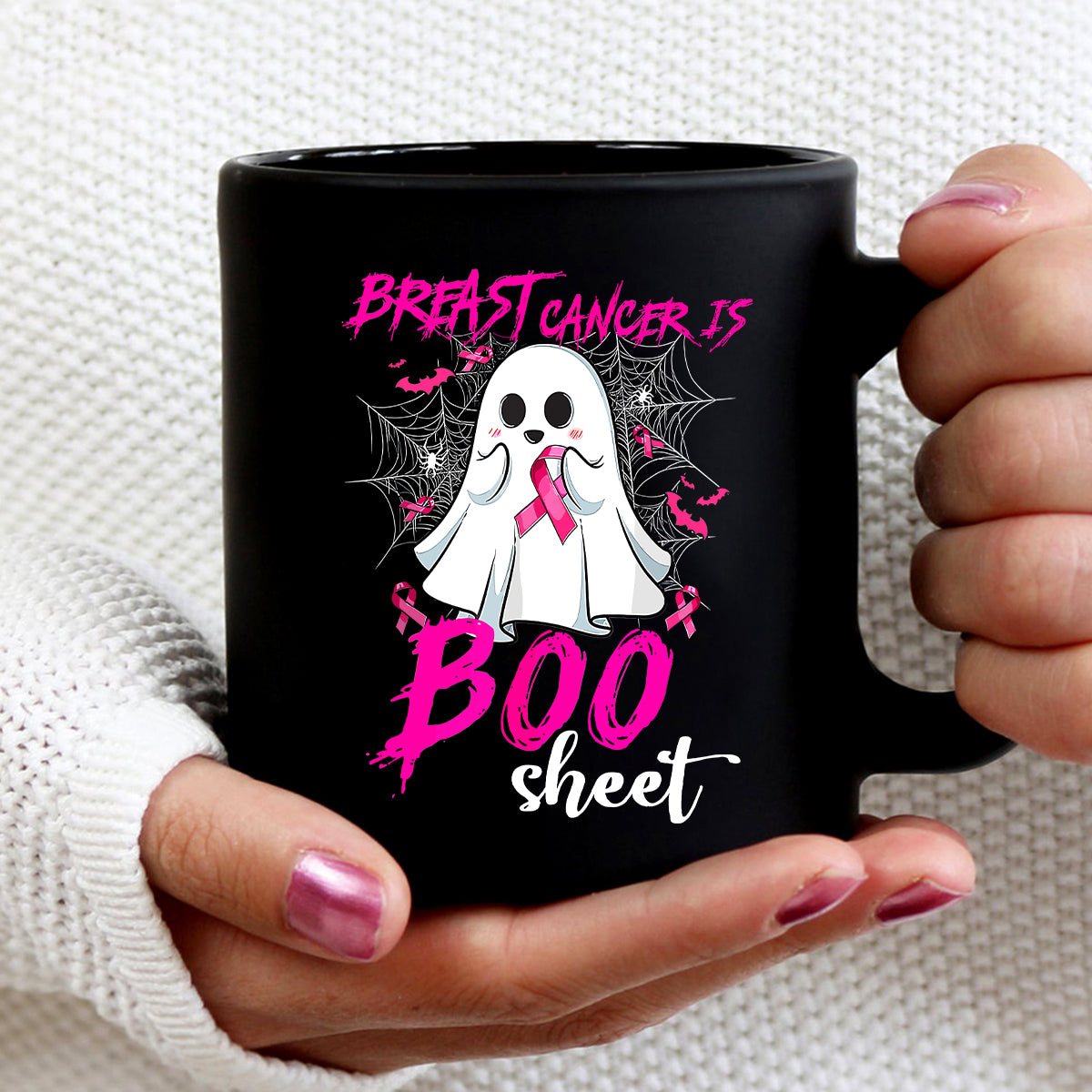 Teesdily | Pink Ribbon Breast Cancer Is Boo Sheet Shirt, Cute Halloween Ghost Boo Sweatshirt, Cancer Survivor Hoodie Mug