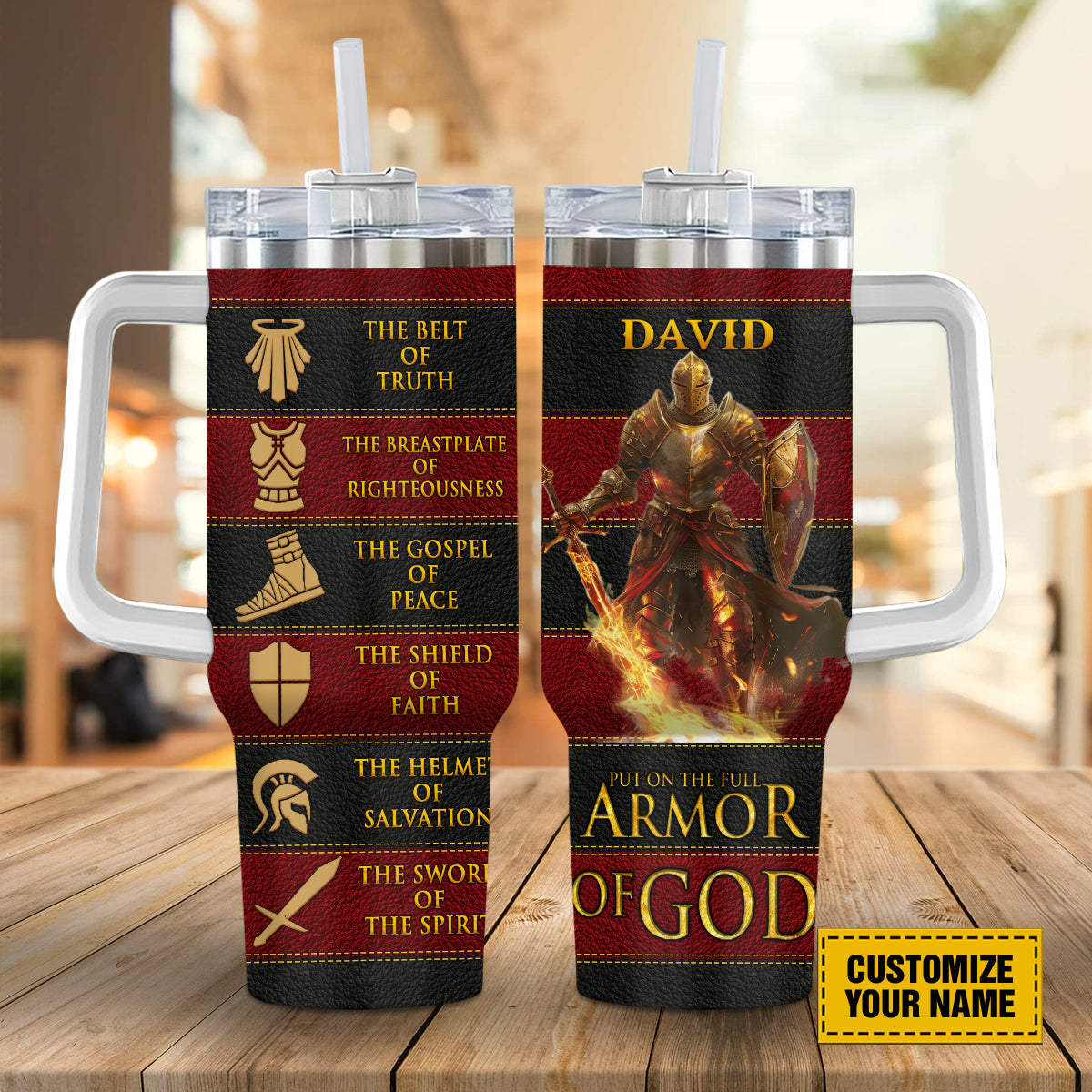 Teesdily | Personalized Armor Of God Tumbler, Put One The Full Armor Of God Water Tumbler, Faith Jesus Religious 40oz Tumbler With Handle & Straw