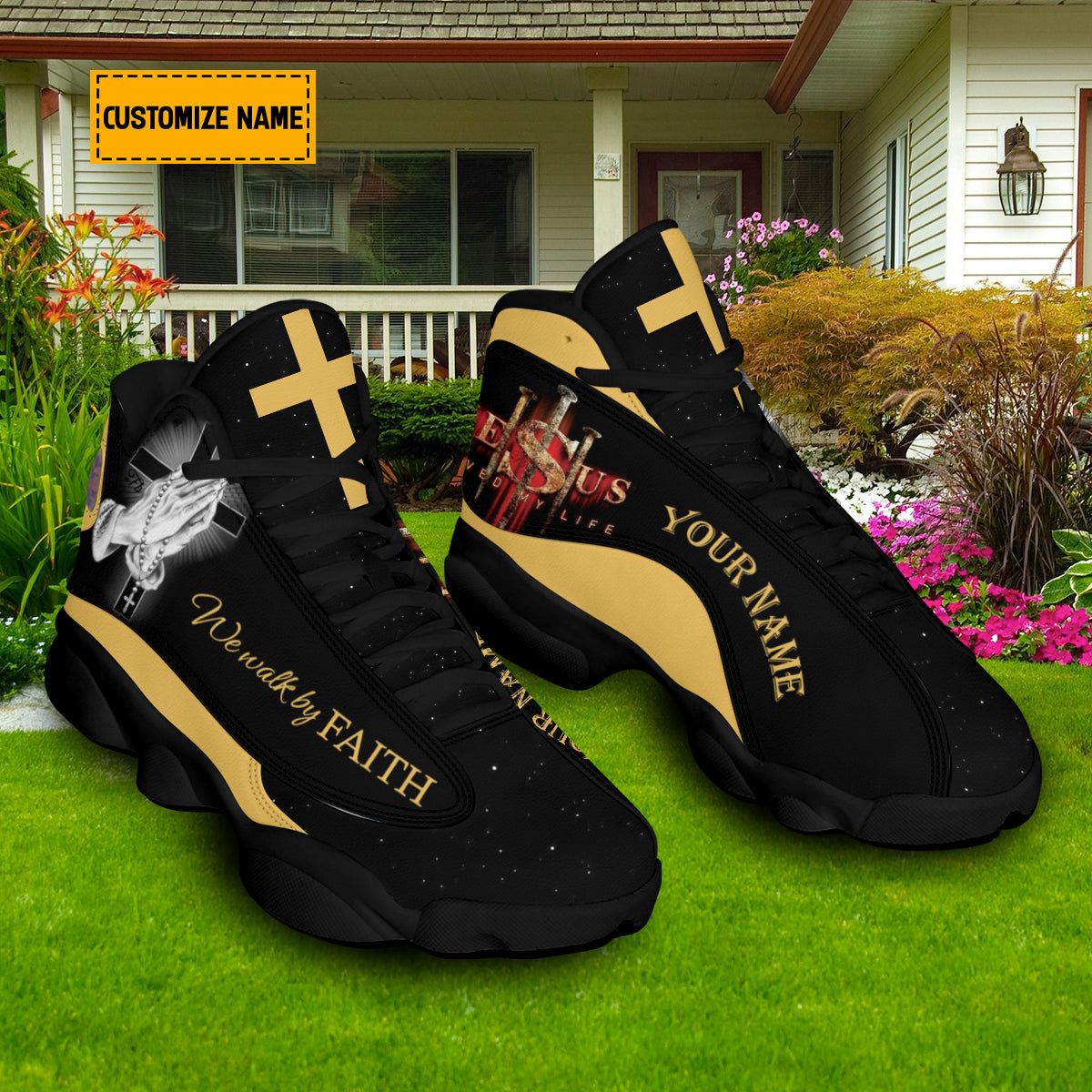 Teesdily | Personalized We Walk By Faith Basketball Shoes, Hands Praying God Shoes, Christian Footwear Unisex Basketball Shoes