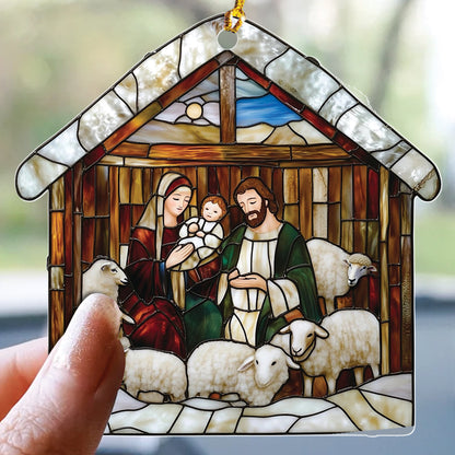 Teesdily | Nativity Scene Acrylic Ornament , Nativity Jesus Snowy House Christmas Ornament, Religious Jesus Lover Gift