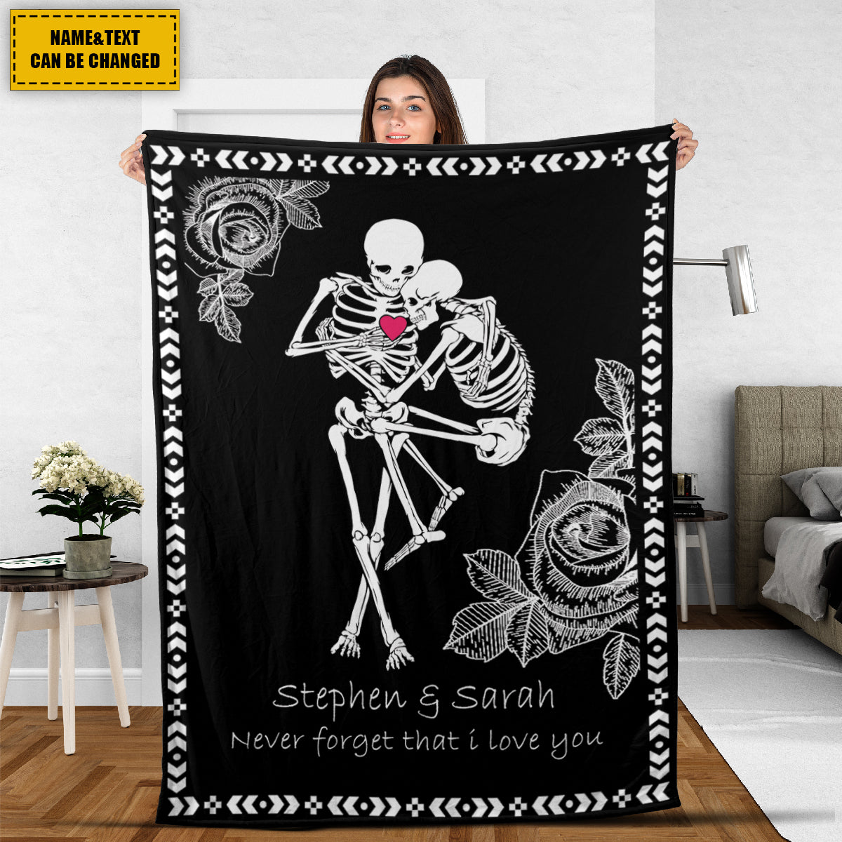 Teesdily | Skeleton Couple Rose Fleece Blanket Day Of The Dead Sherpa Blanket Never Forget That I Love You Throw Blanket Halloween Gifts Goth Style