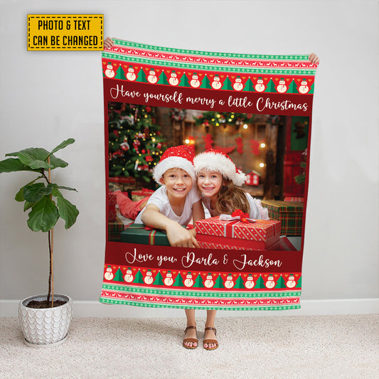 Teesdily | Christmas Picture Blanket Personalized Photo Snowman Xmas Sherpa Blanket Have Yourself Merry A Little Christmas Throw Keepsake Xmas Gifts