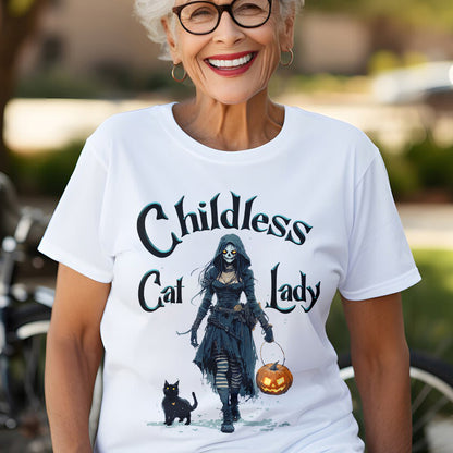 Teesdily | Childless Cat Lady Shirt, Halloween Pumpkin Witch And Cat Sweatshirt, Witchy Black Cat Hoodie Mug, Skeleton Witch T-shirt