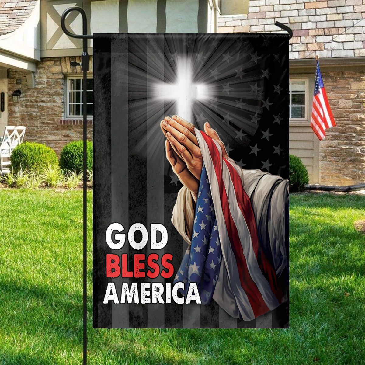 Teesdily | Jesus Christ Hand Praying Garden Flag, God Bless America House Flag, God American Flag Print, Christian Home Outdoor Decor