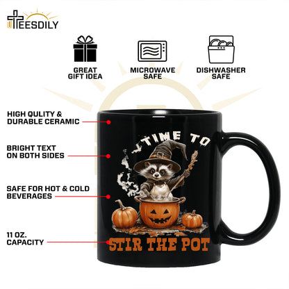 Teesdily | Time To Stir The Pot Witch Halloween Shirt, Funny Raccoon Witch Retro Halloween Sweatshirt, Spooky Season Hoodie Mug Gift