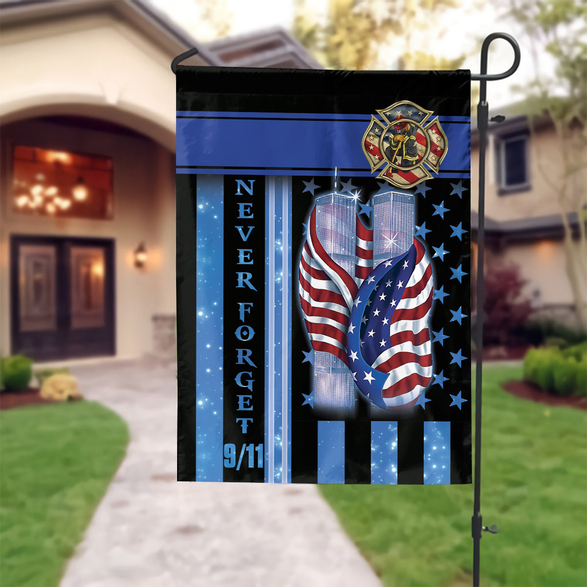 Teesdily | 911 Never Forget Firefighter House Flag, America September 11th Garden Flag, 911 Remembrance Day Home Outdoor Decor, Patriot Gifts