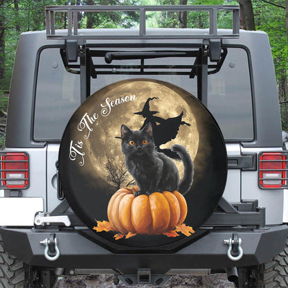 Teesdily | Black Cat Pumpkin Witch Car Spare Tire Cover, Halloween Moon Tis The Season Car Wheel Cover, Cat Lover, Car Decoration Halloween Gift