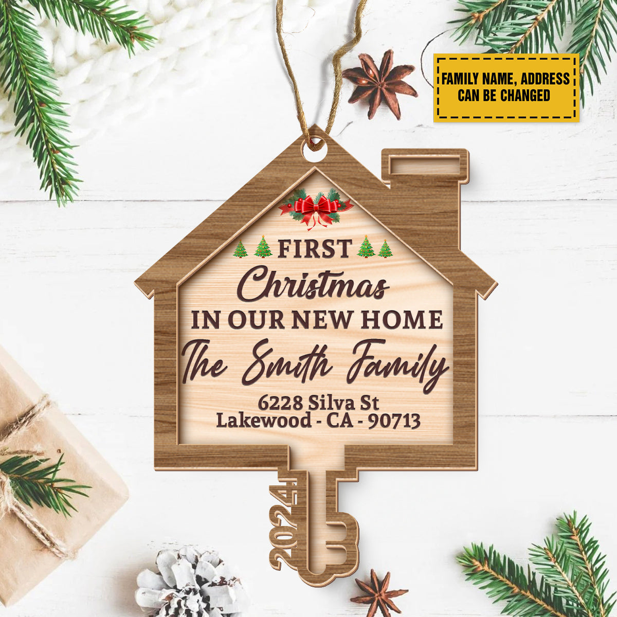 Teesdily | Personalized First Christmas In Our New Home Wooden Ornament, House Key 2 Layer Wooden Ornament Christmas Tree Decor