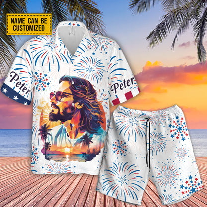 Teesdily | Customized Jesus Graphic Portrait Hawaii Shirt, Independence Day Hawaii Set, 4Th Of July Theme 3D Hawaiian Clothing, Indepedence Day Gifts