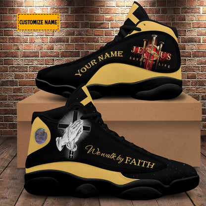 Teesdily | Personalized We Walk By Faith Basketball Shoes, Hands Praying God Shoes, Christian Footwear Unisex Basketball Shoes