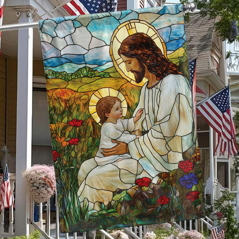 Teesdily | Jesus Blessing The Children Garden Flag, God With Children Flower Stained Glass Printed Flag Yard, Christmas House Flag