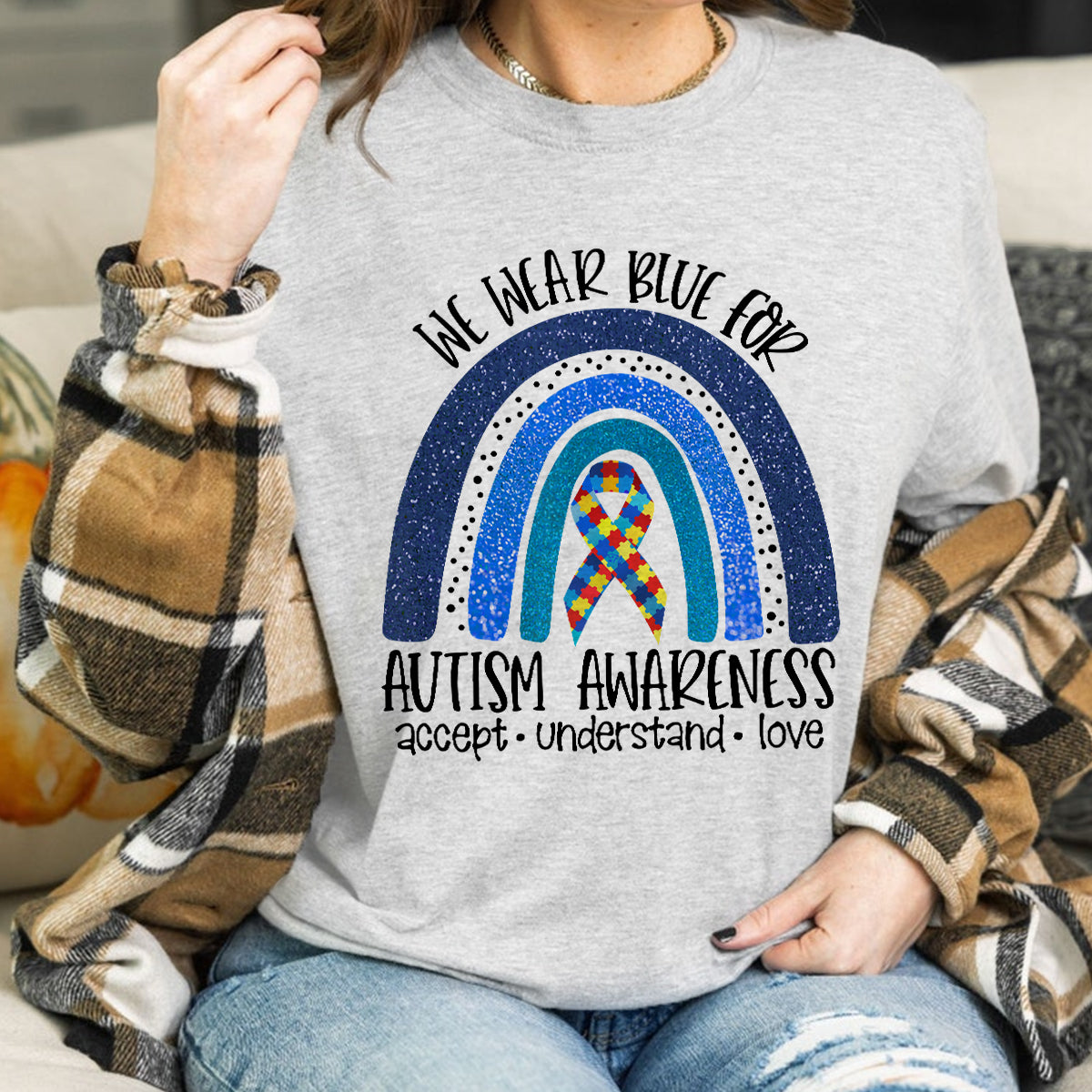 Teesdily | Autism Mom Mother's Day Shirt, We Wear Blue For Autism Shirt, Puzzle Rainbow Tee, Autistic Gifts Unisex Tshirt Hoodie Sweatshirt Mug