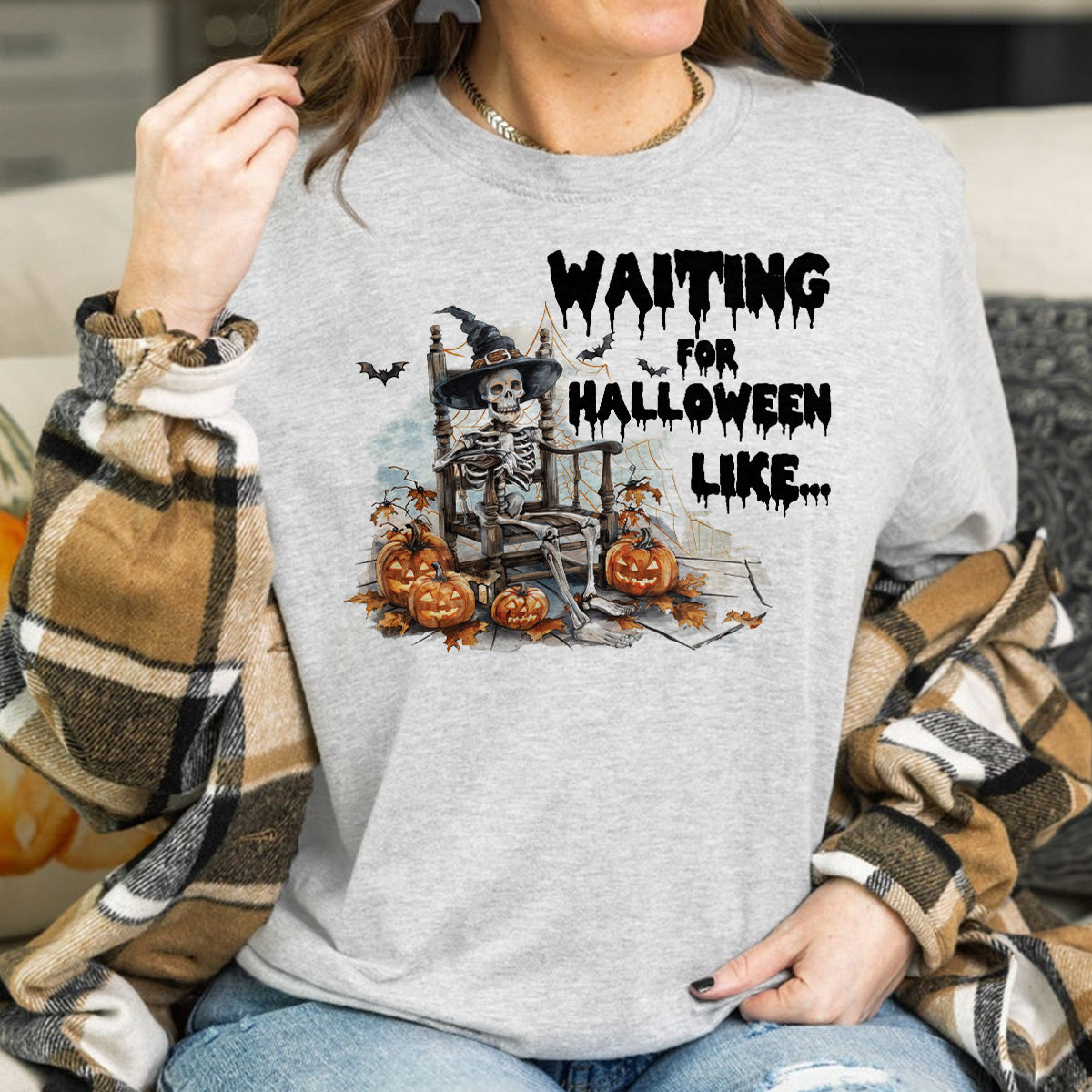 Teesdily | Funny Halloween Skeleton T-shirt, Skeleton Waiting For Halloween Like Sweatshirt Hoodie Mug, Skeleton Pumpkin Shirt, Halloween Party Gift