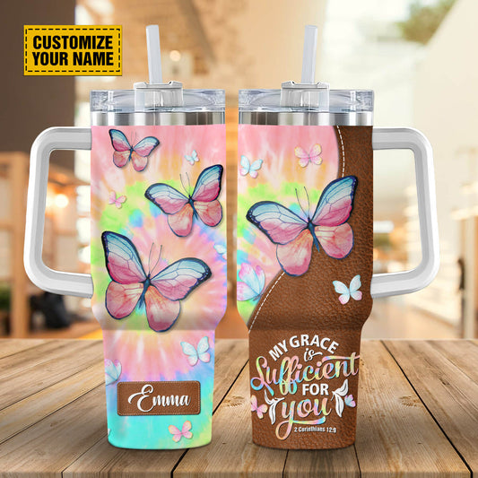 Teesdily | Personalized Butterfly Tumbler With Lid, My Grace Is Sufficient For You 40 oz Tumbler, Spiritual Gifts For Women, 40oz Stainless Steel Cup