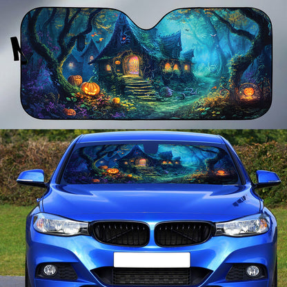 Teesdily | Halloween Hanted House Car Sunshade, Pumpkin Halloween Auto Sunshade, Witch House Garden Car Windshield Sunshade, Halloween Decoration