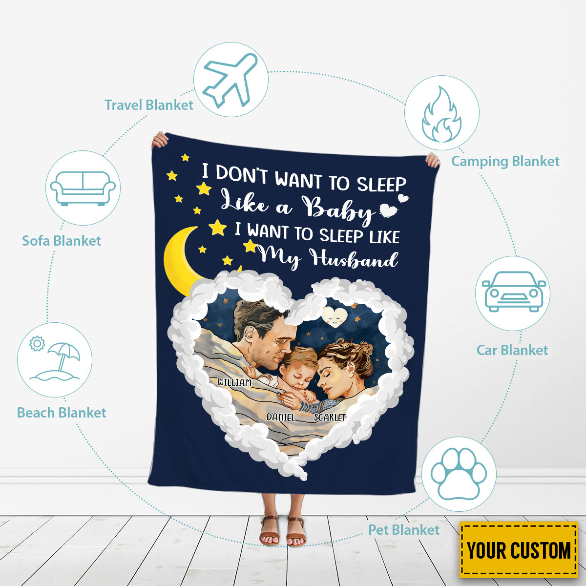 Teesdily | Custom Name Family Throw Blanket I Want To Sleep Like My Husband Fleece Blanket Funny Family Warm Blanket Sherpa Personalized Gift For Mom